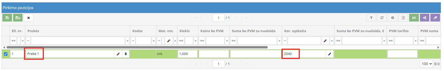 Pirkimo pozicijos įvedimo ir kor. sąskaitos parinkimo langas